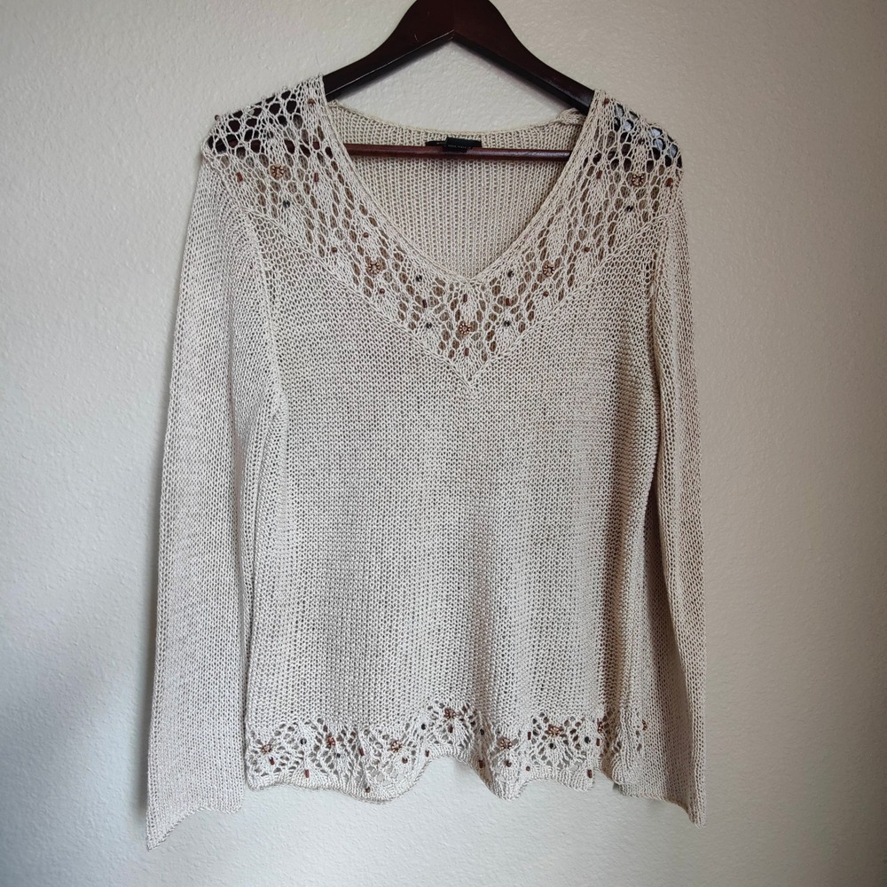 BCBG Beige Beaded Crochet V-Neck Open Knit Sweater XL Boho Festival Coastal Y2K